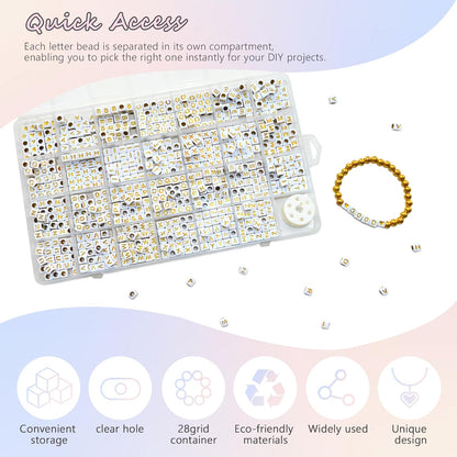 Looconi 810pcs Gold Letter Beads Square 6x6mm White Cube Acrylic Alphabet A-Z with Heart Pattern and Crystal Line for Jewelry Making