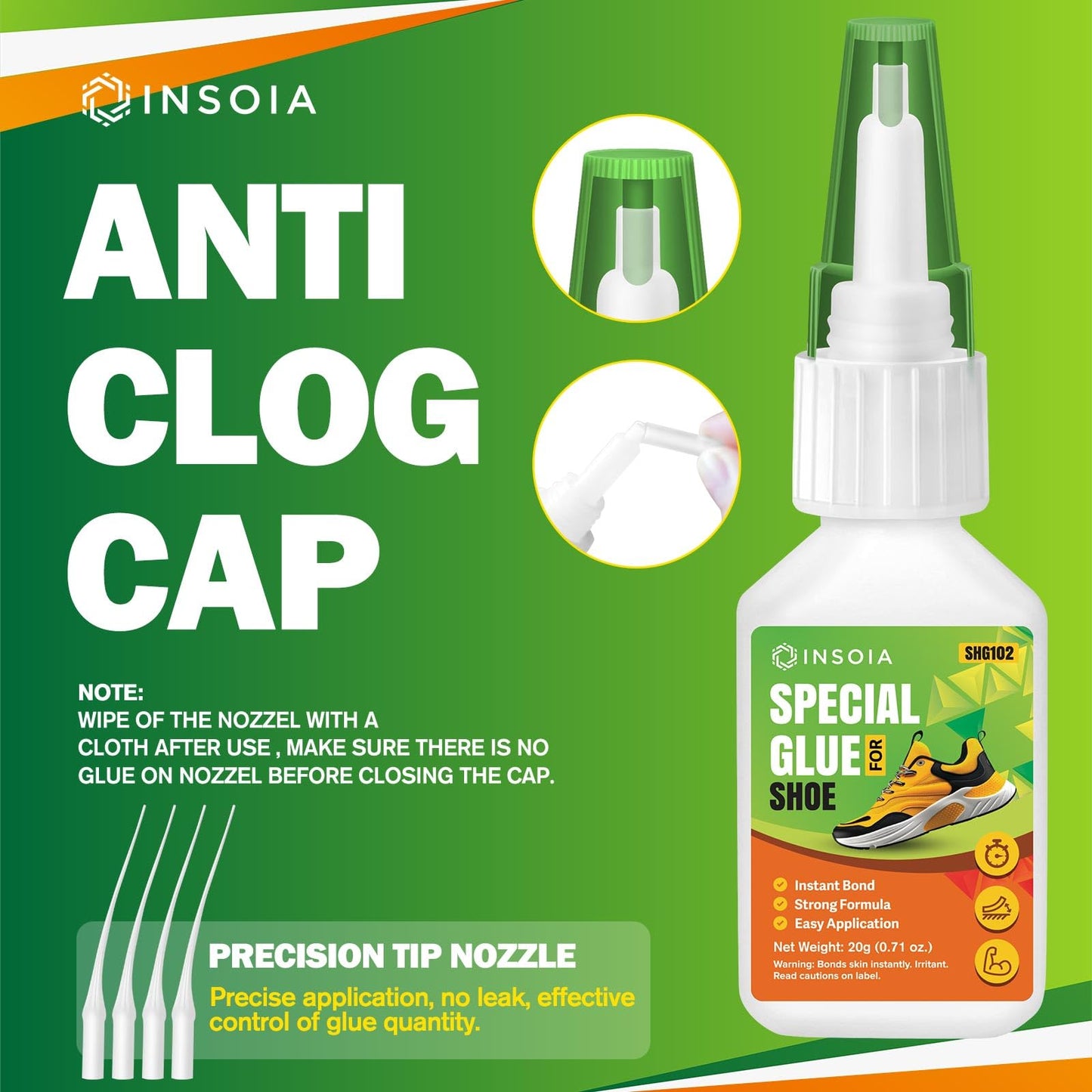 INSOIA Super Medium CA Glue, 20g, Strong Bond, with Precision Tips