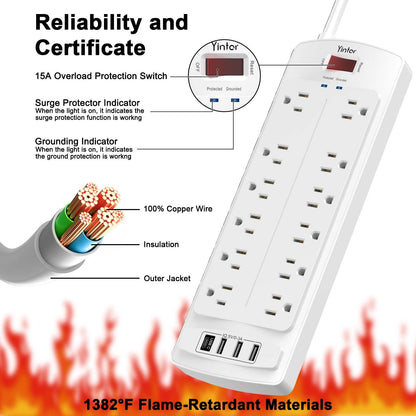 Yintar 6Ft Surge Protector Power Strip with 8 Outlets and 4 USB Ports