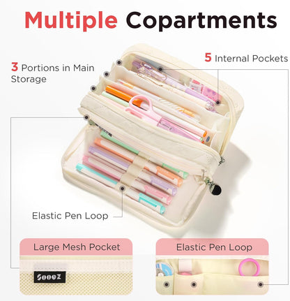 Sooez Large Pencil Case Pouch, Extra Big Pencil Bag with 8 Compartments, Pen Bag Wide Opening, Soft Quilted Pencil Pouch Organizer with Zipper, Portable Pencil Case for Teen Girls, Beige