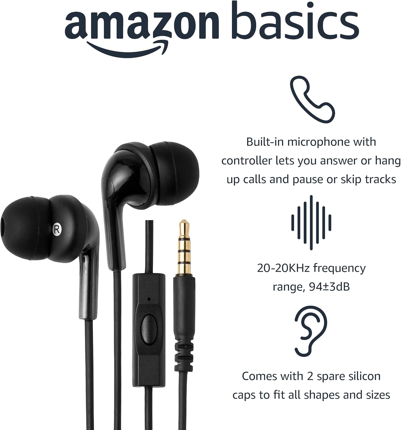 Amazon Basics Wired Earbuds with Microphone, In-Ear Headphones, 3.5mm Jack, High Definition Sound, Secure Fit, 4.2 ft Cable, S/M/L Ear Tips, Black