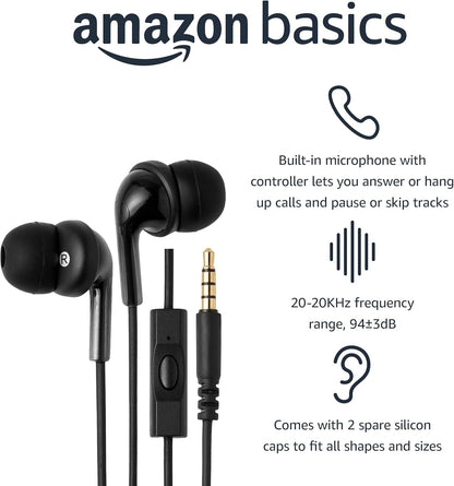 Amazon Basics Wired Earbuds with Microphone, In-Ear Headphones, 3.5mm Jack, High Definition Sound, Secure Fit, 4.2 ft Cable, S/M/L Ear Tips, Black