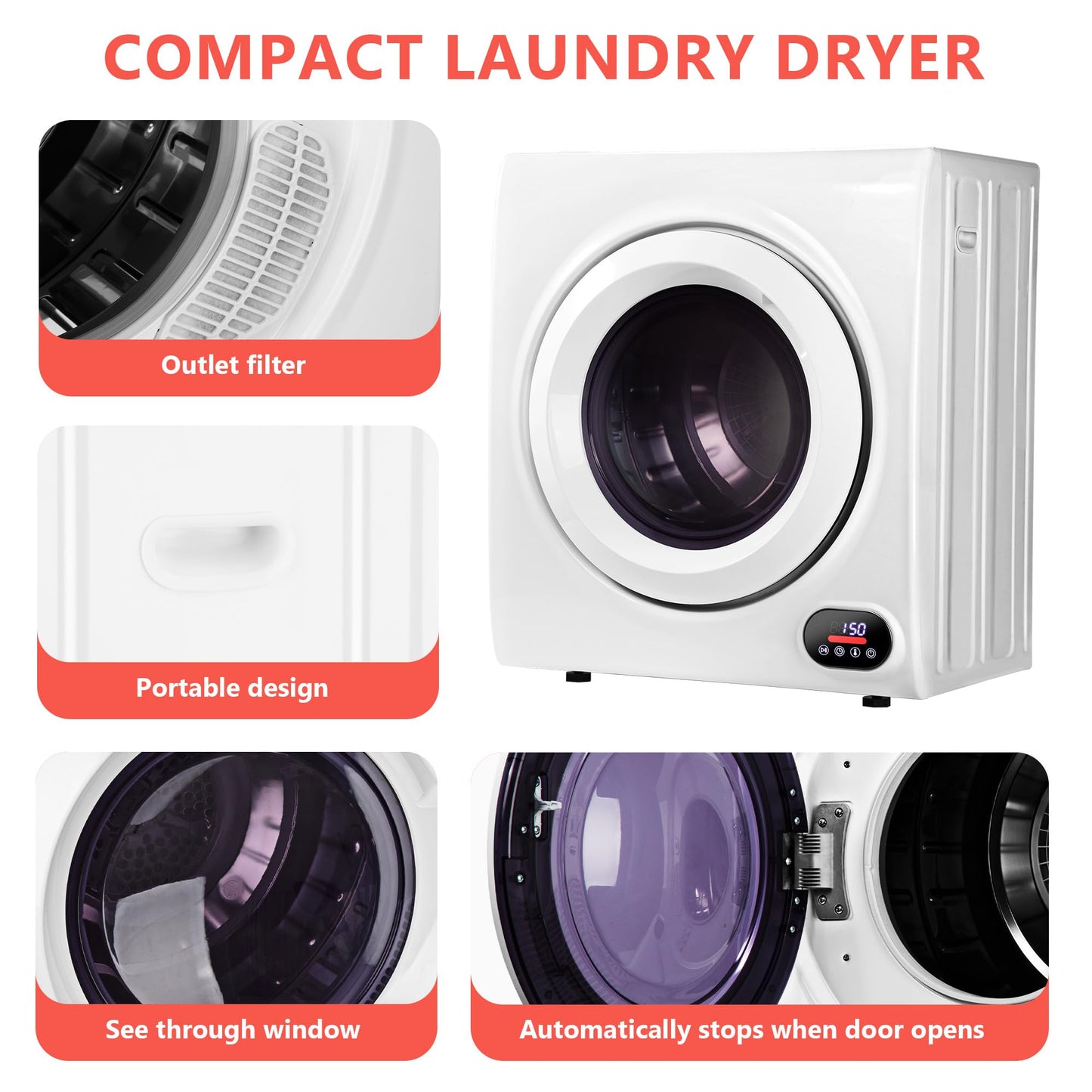 Euhomy Portable Clothes Dryer for Laundry, 1.5 Cu. Ft. Small Portable Dryers for Clothes, 120V Electric Dryer with Stainless Steel Drum, 850W Dryer Machine for Apartments, White