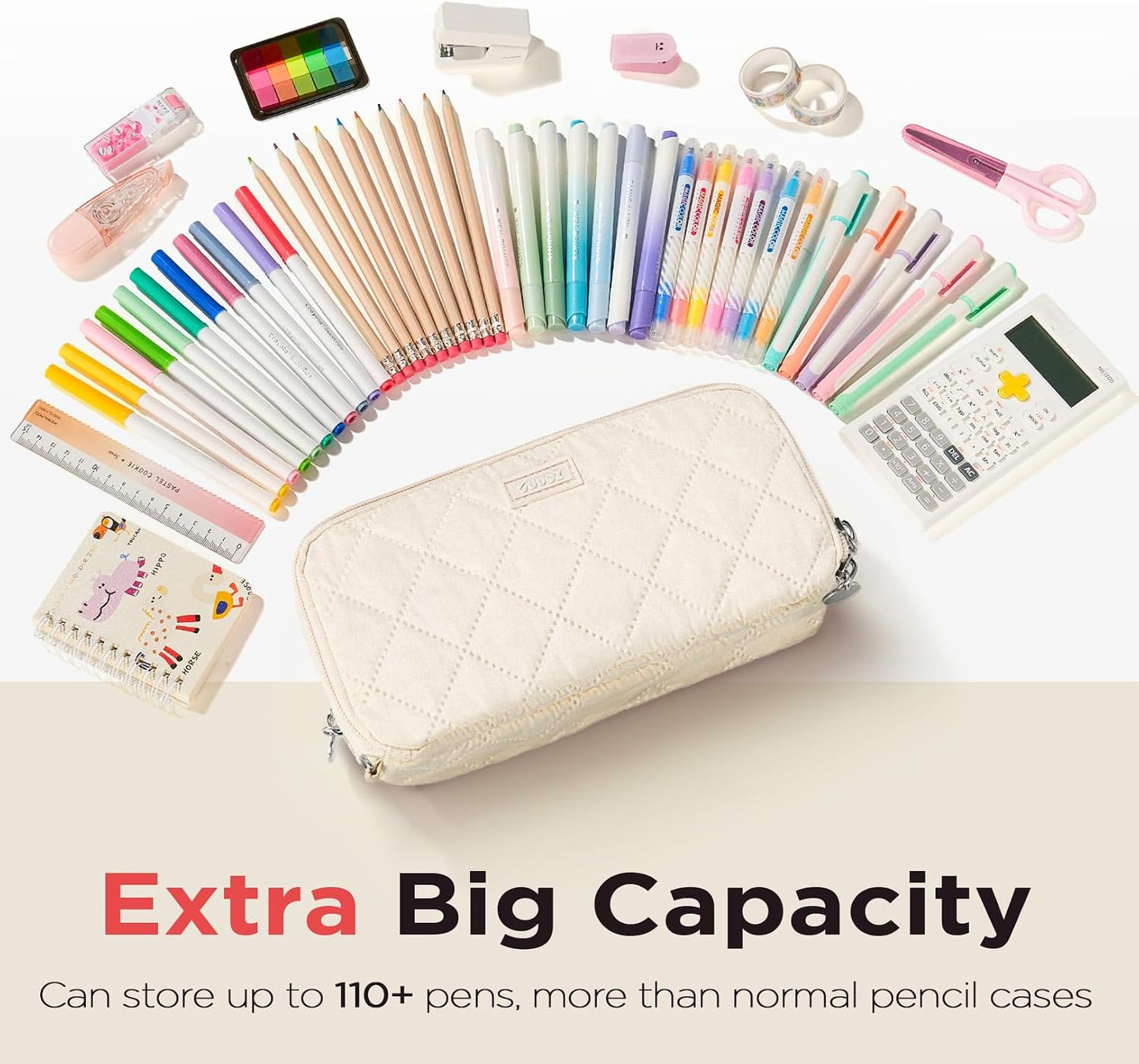 Sooez Large Pencil Case Pouch, Extra Big Pencil Bag with 8 Compartments, Pen Bag Wide Opening, Soft Quilted Pencil Pouch Organizer with Zipper, Portable Pencil Case for Teen Girls, Beige