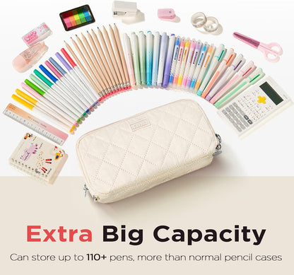 Sooez Large Pencil Case Pouch, Extra Big Pencil Bag with 8 Compartments, Pen Bag Wide Opening, Soft Quilted Pencil Pouch Organizer with Zipper, Portable Pencil Case for Teen Girls, Beige