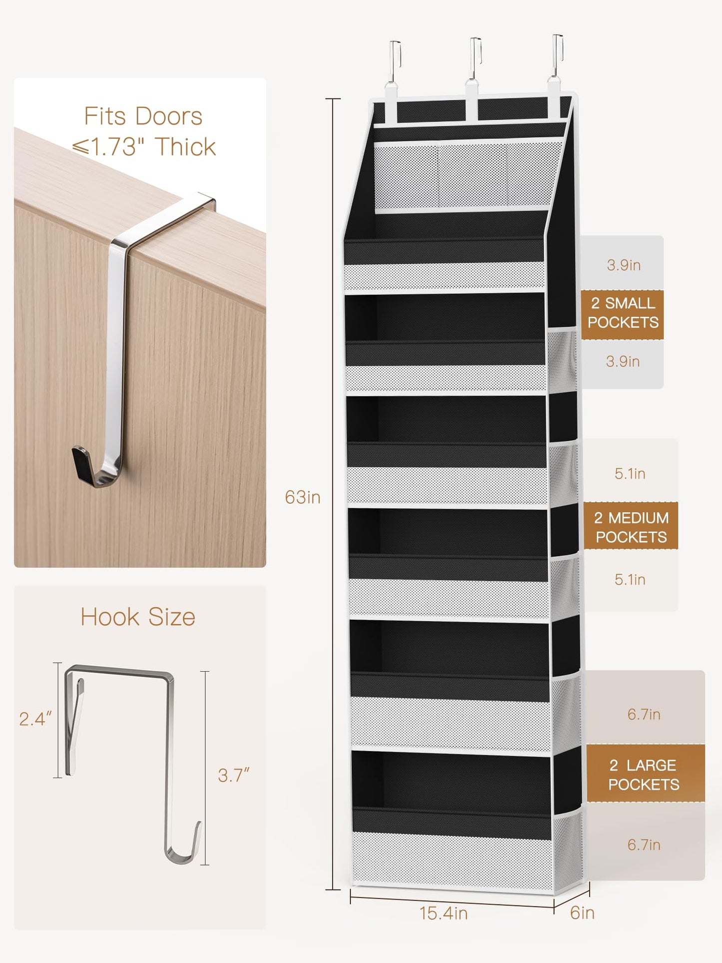 Criusia Over the Door Organizer, Heavy-Duty 6-Shelf Hanging Storage with 13 Mesh Pockets, 55lbs Capacity Behind the Door Storage for Nursery, Bathroom, Bedroom, and Dorm, White
