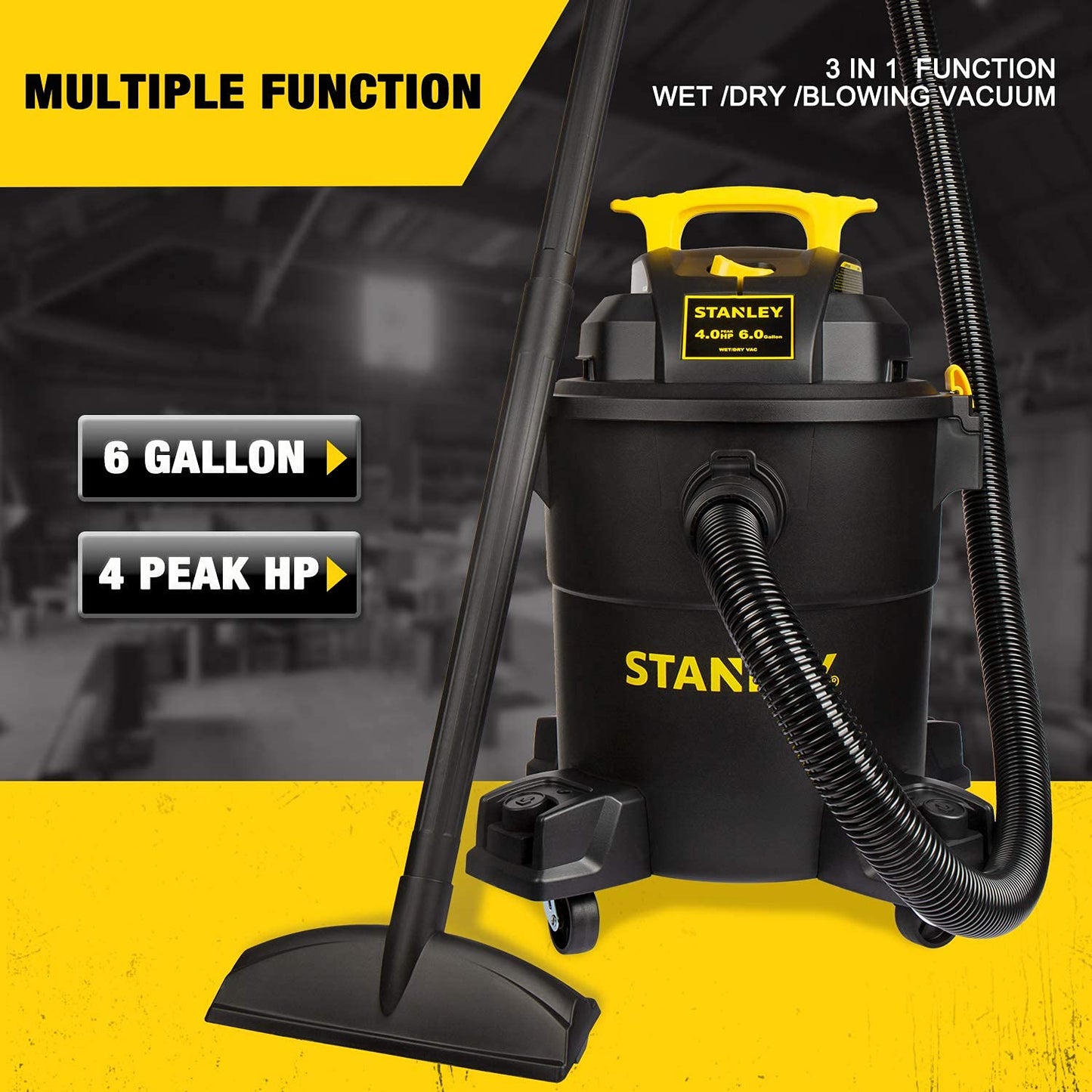 STANLEY Shop Vac SL18115P, 5 Gallon Peak 4 Horsepower Wet Dry Vacuums, Blower 3 in 1 Functions 15 Feet Cleaning Range for Garage, Carpet Clean, Shop Cleaning, Car Detailing with Attachments