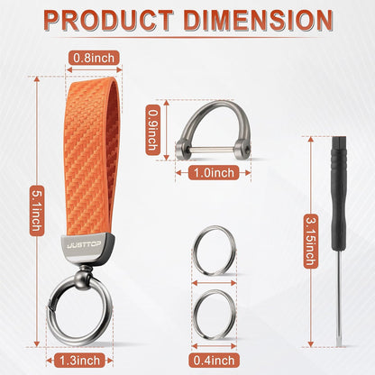 JUSTTOP Leather Keychain, Carbon Fiber Car Key Chain with Anti-Lost D-Ring and 2 Key Ring, Keychain Wristlet, Car Accessories, Universal Keychain for Men and Women (Black)