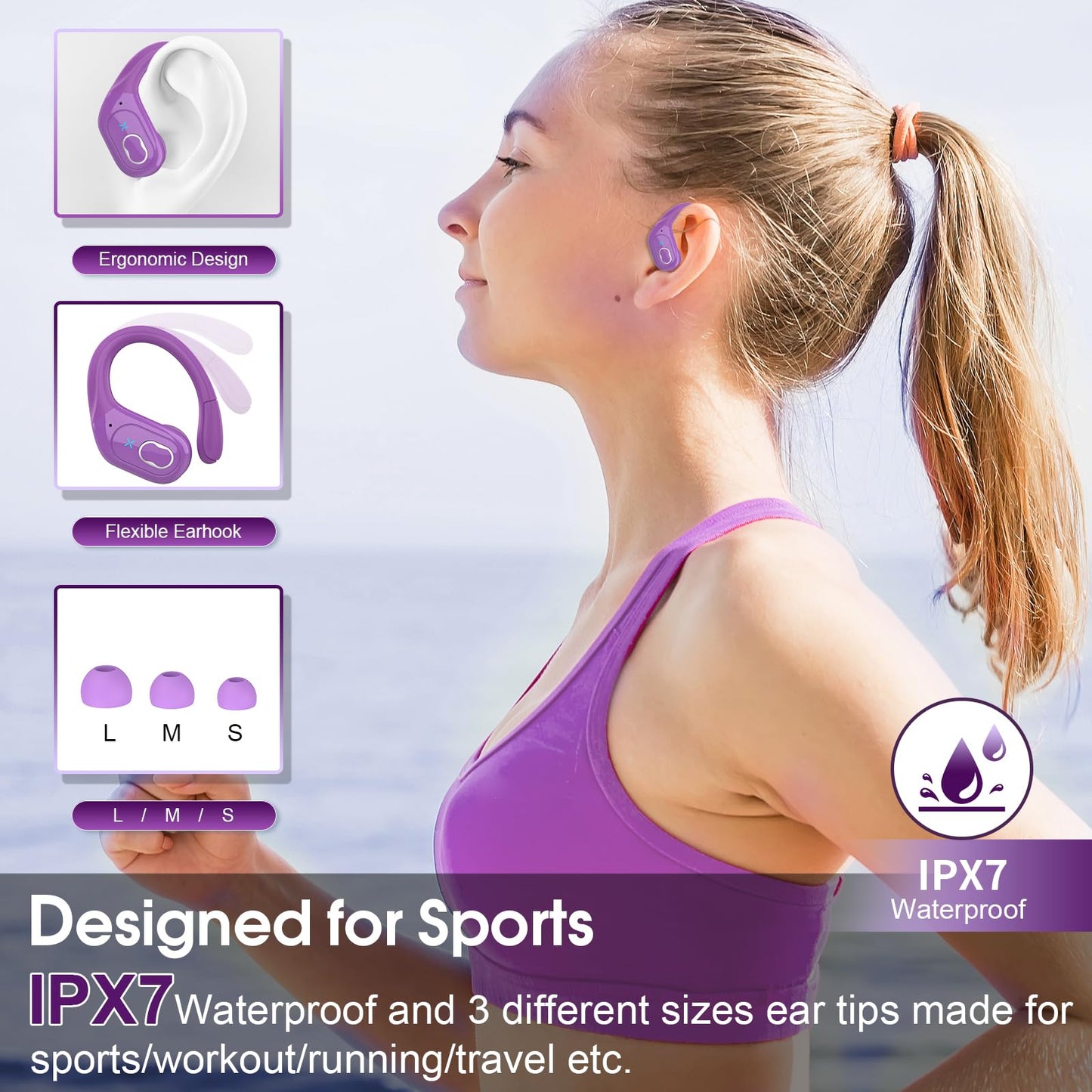 Wireless Earbuds 75H Bluetooth 5.4 Sport Headphones with Earhooks, Black