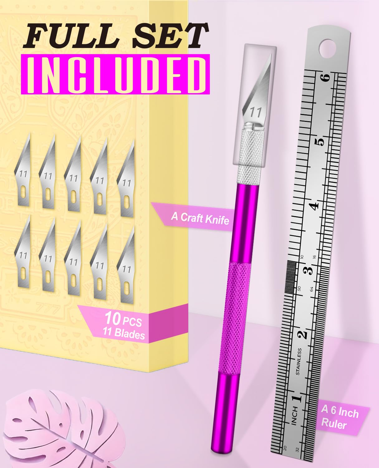 DIYSELF Exacto Knife Set with 10 Extra #11 Blades, 6-Inch Metal Ruler, Pink