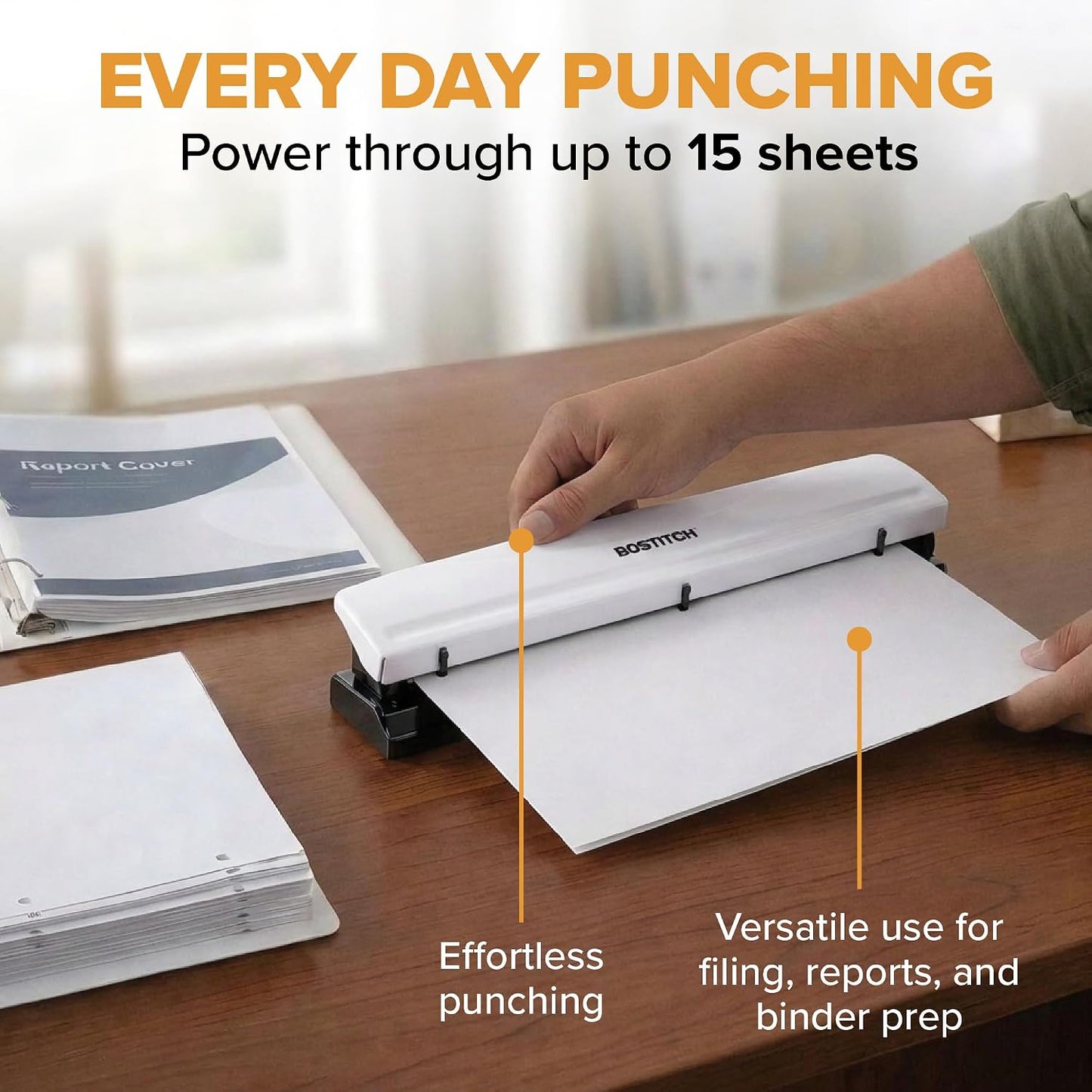 Bostitch Office Premium 3 Hole Punch, 12 Sheet Capacity, Metal, Rubber Base, Easy-Clean Tray, Silver