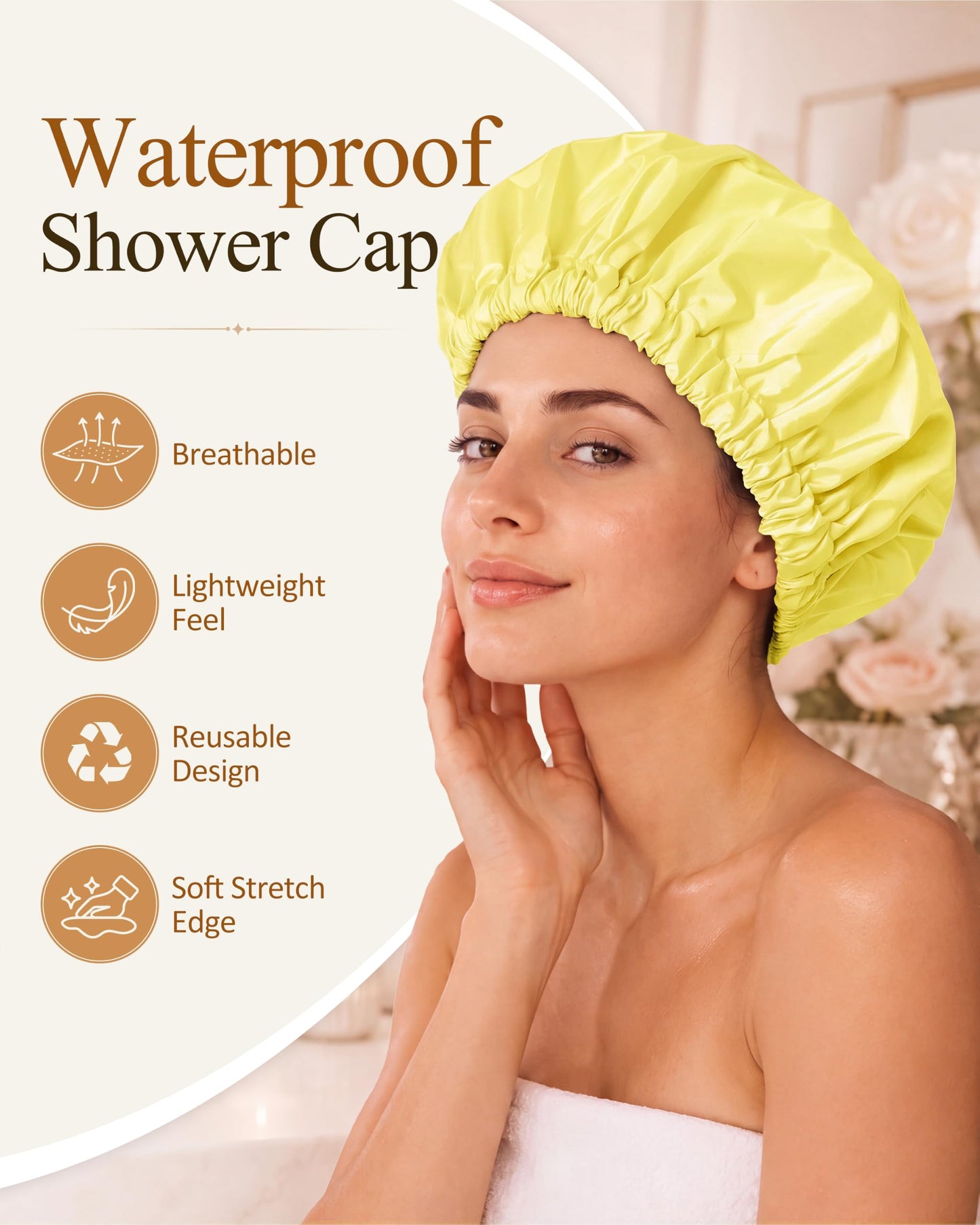 Edoneery Shower Caps for Women Reusable Waterproof, Shower Hair Cap