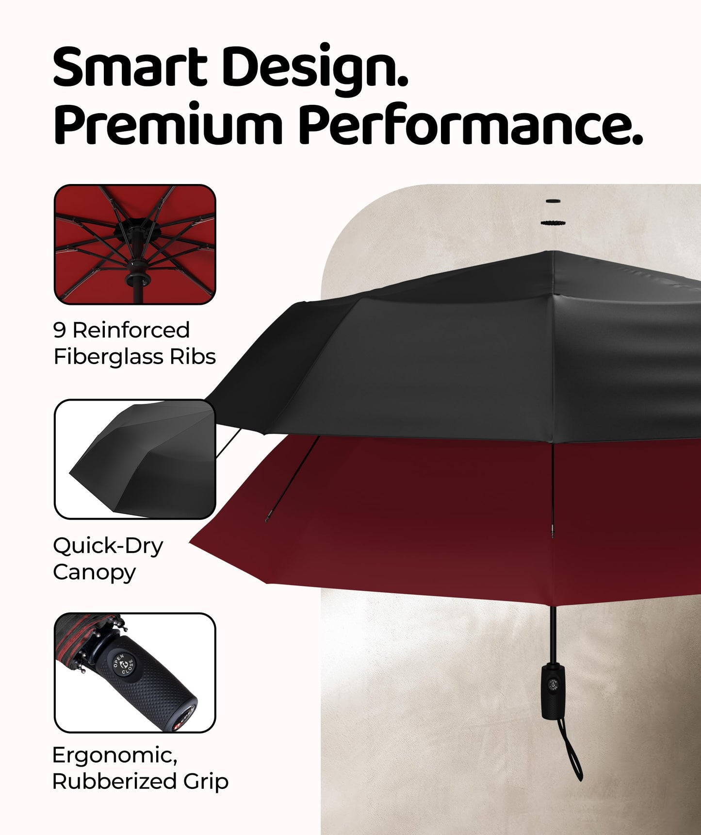 Windproof Travel Umbrella - Compact & Withstands Winds up to 100MPH, Strongest Premium Auto Folding Umbrella for Rain and Sun - Durable, Light & Portable for Women & Men, Fits Backpack & Cars