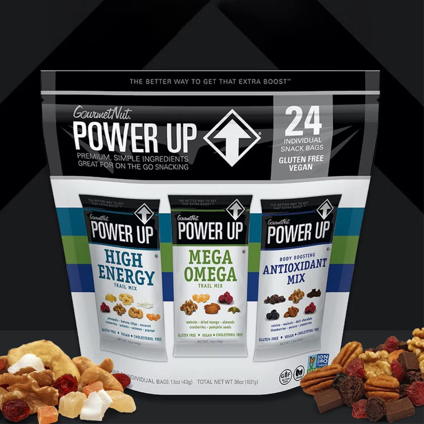 Power Up Trail Mix, Mega Omega Trail Mix, Non-GMO, Vegan, Gluten Free, No Artificial Ingredients, Gourmet Nut, 14 Ounce Bag
