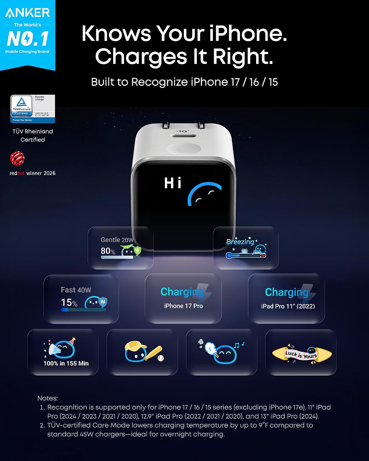 Anker Nano Smart Display Charger, 45W Max Fast Charger USB C for iPhone 17