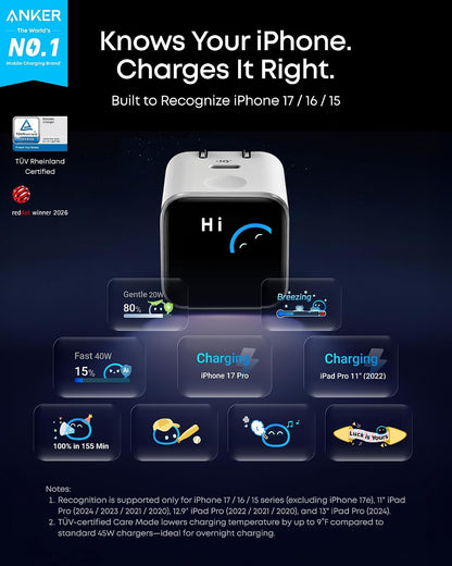 Anker Nano Smart Display Charger, 45W Max Fast Charger USB C for iPhone 17