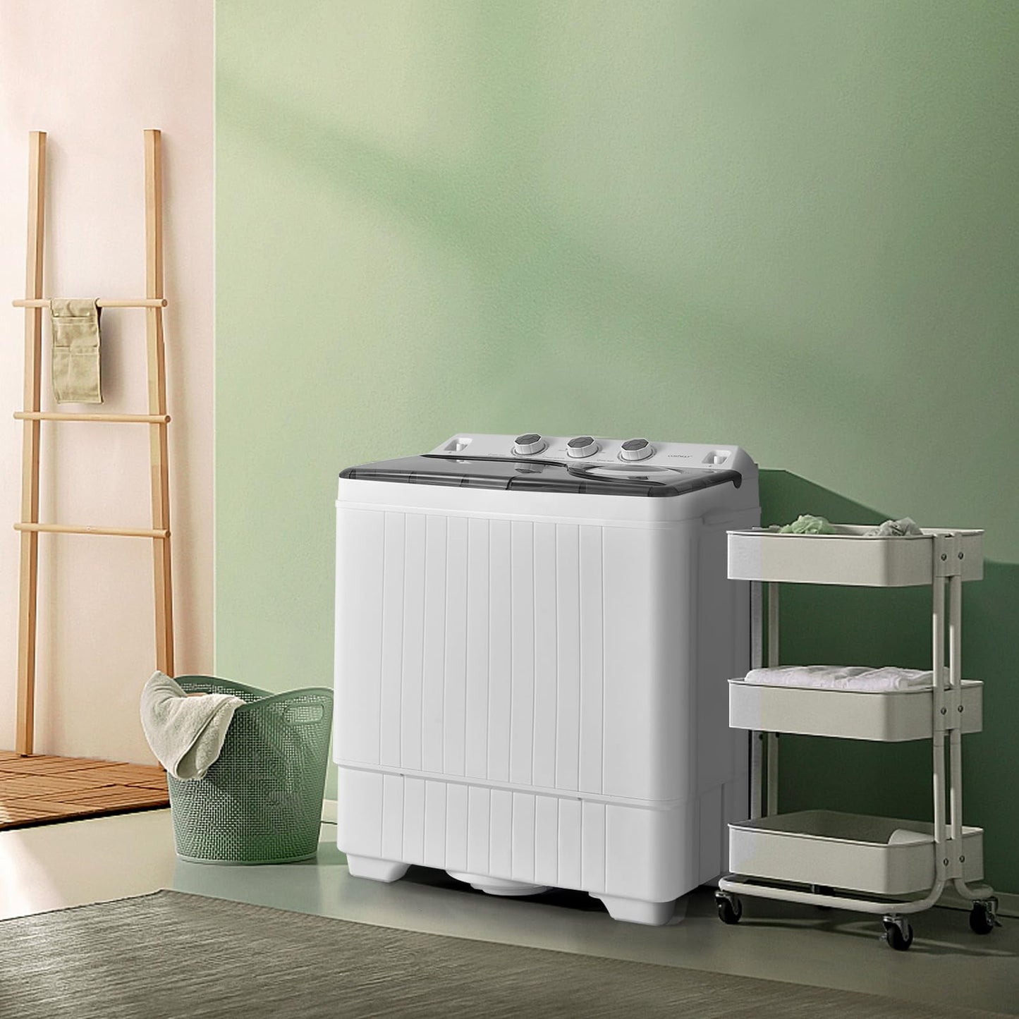 COSTWAY Portable Washing Machine, Twin Tub 26lbs Capacity Laundry Washer, 18lbs Washer and 8lbs Spinner Combo with Timer Knobs, Built-in Drain Pump, Compact Washer for Home Dorm Apartment, Blue+White