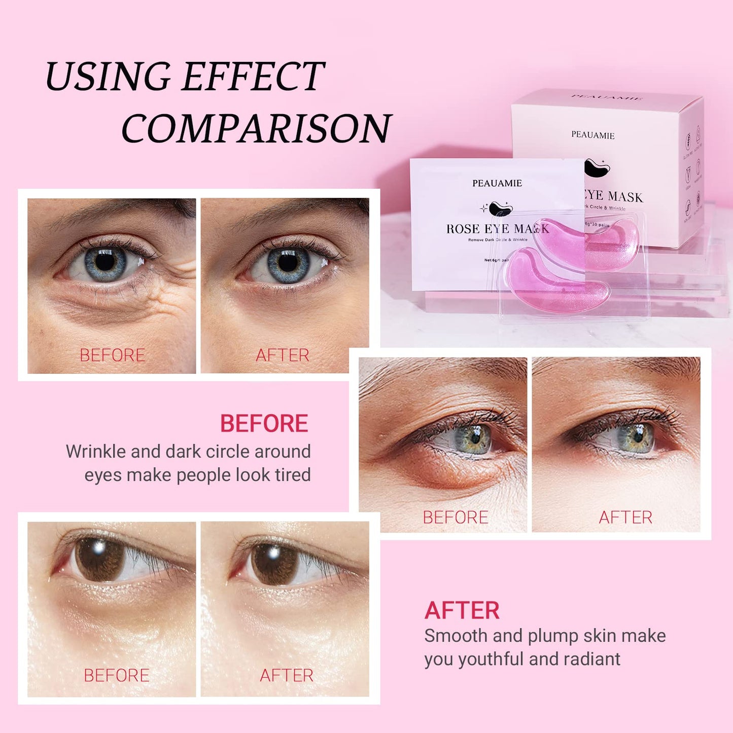 PEAUAMIE Under Eye Patches Gold and Hyaluronic Acid for puffy eyes,Rose Eye Masks for Dark Circles and Puffiness skin care Smooth Wrinkles products 30 Pairs