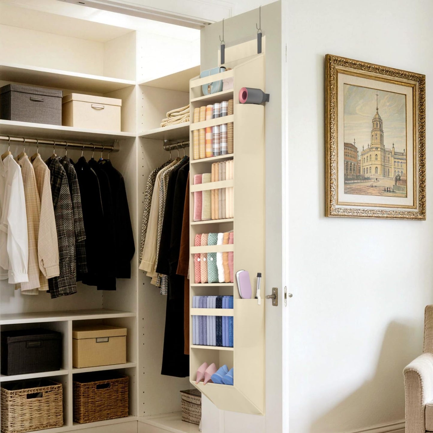 Lifewit 1 Pack Over the Door Organizer, 5 Section Hanging Storage, Beige