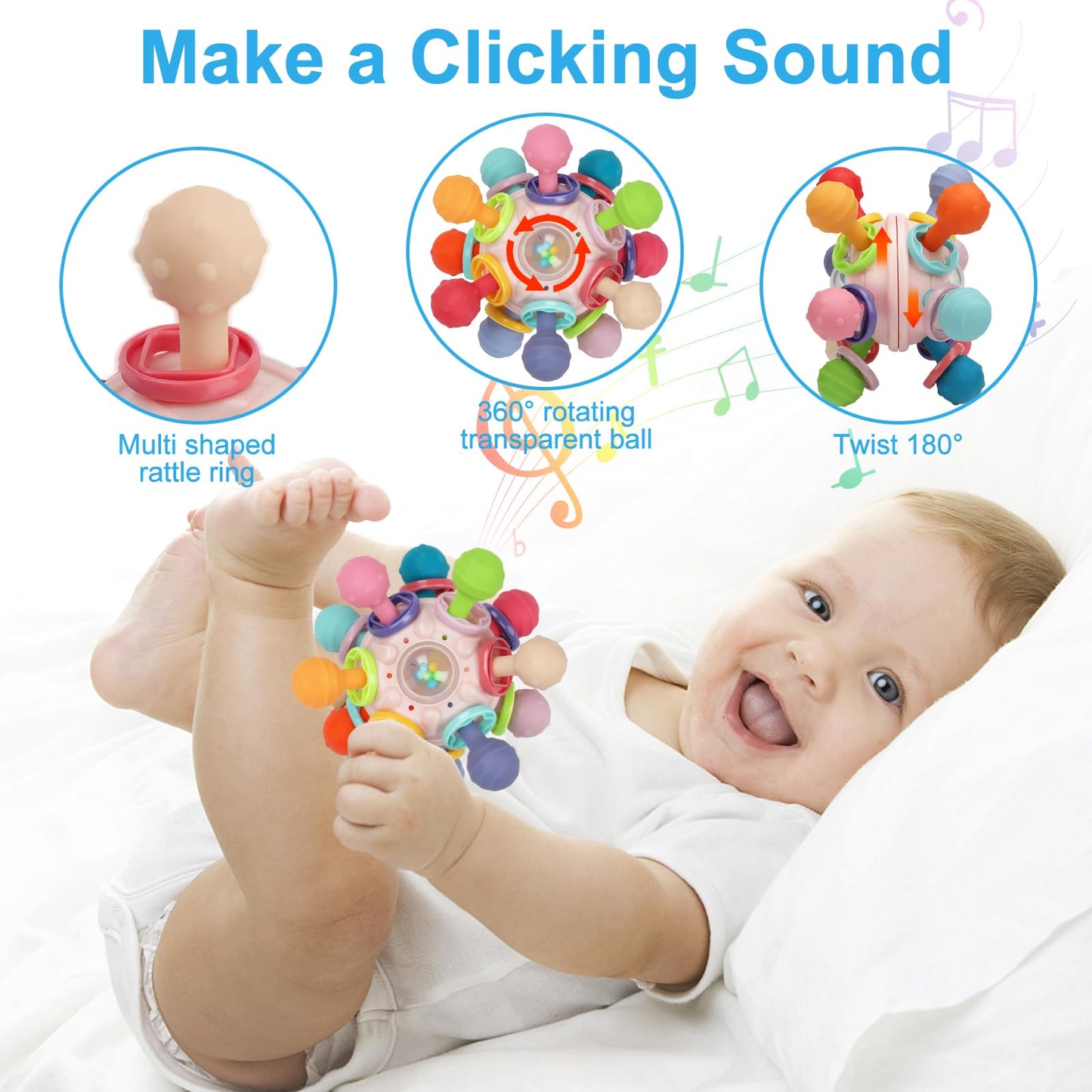 Baby Montessori Sensory Teething Toy 0-6 6-12 Months, Teether Ball & Rattle