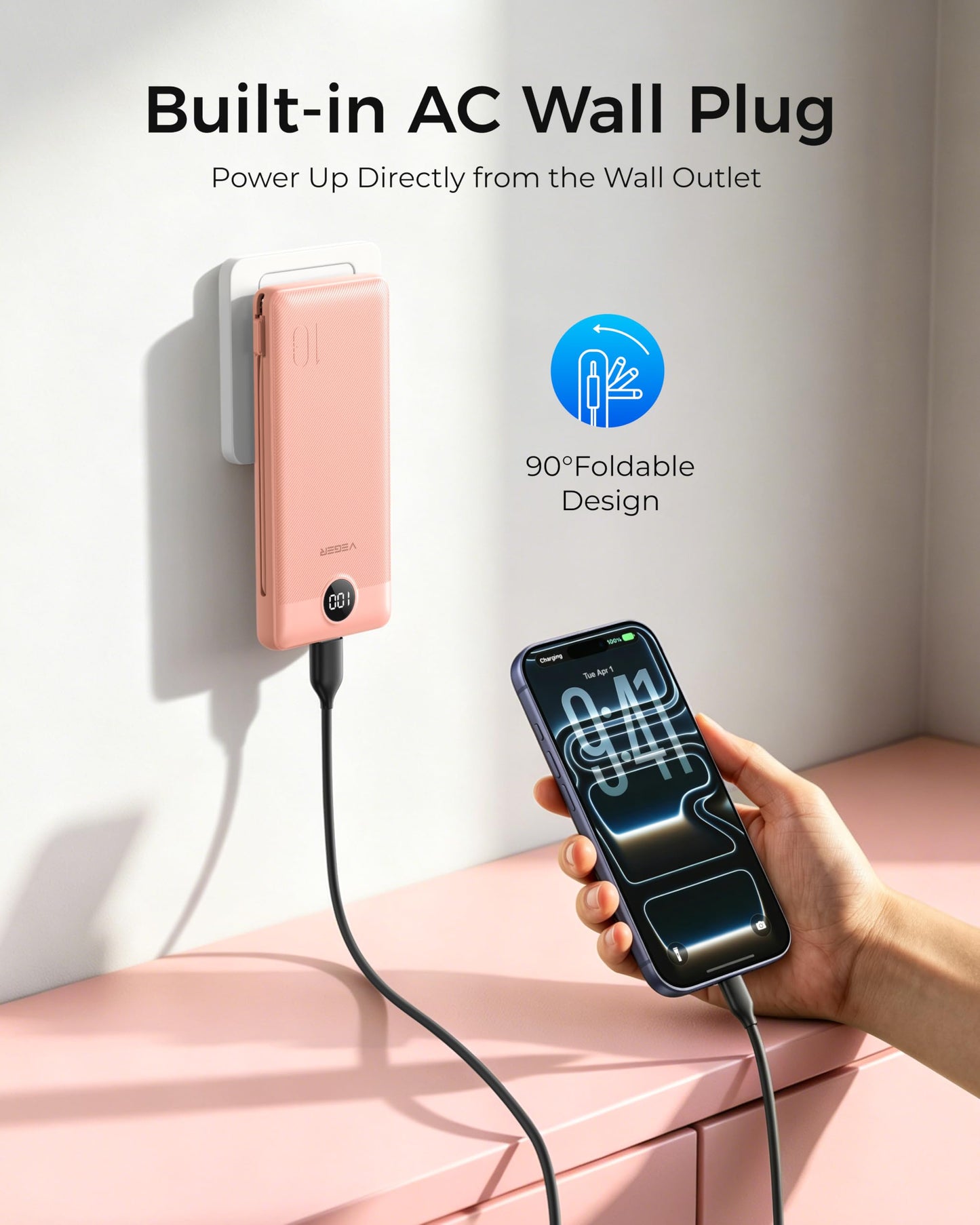 VEGER Portable Charger for iPhone, Power Bank Built in Cables and Wall Plug