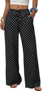 Sampeel Wide Leg Pants for Women Flowy Palazzo Drawstring Elastic Waist Trousers with Pockets Summer Beach Vacation Clothes