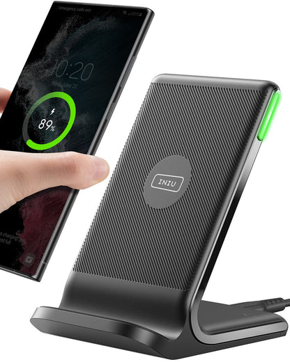INIU Wireless Charger Station, 15W Fast Wireless Charging Stand for Official and Home Compatible with iPhone 17 16 15 14 13 12 Pro XS Samsung Galaxy S23 S22 S21 Note 20 Google etc