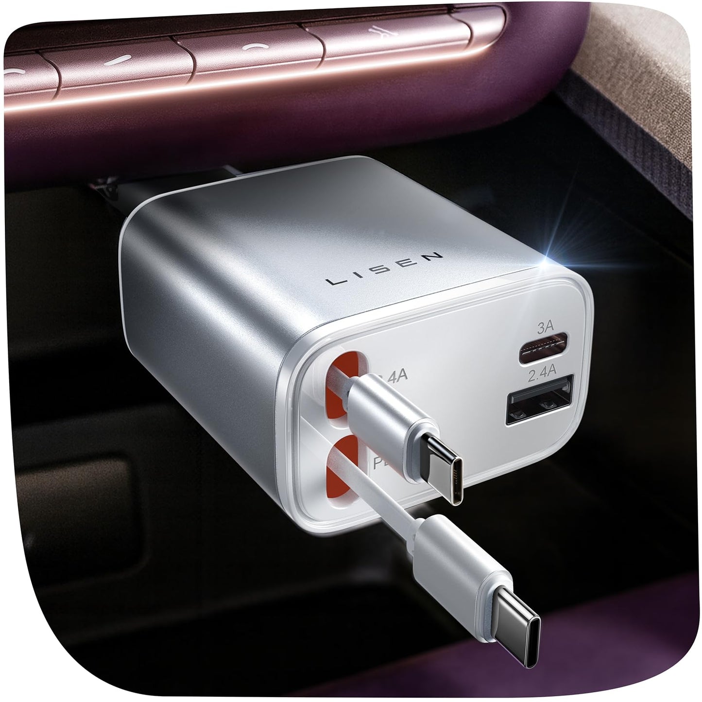 LISEN 72W Retractable Car Charger Ultra-Compact USBC Fast Car Charger