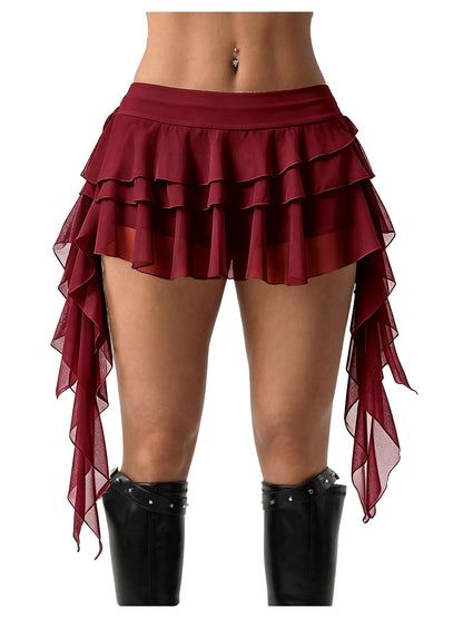 Women's Y2K Mini Skirt Ruffle Lace Mesh Asymmetrical Flowy Short Skort