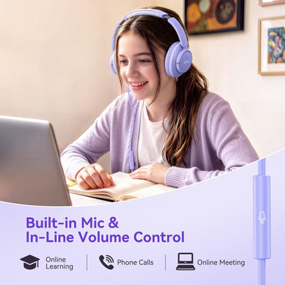 Wired Headphones with Mic, 3.5mm Headphones Volume Control for School Blue