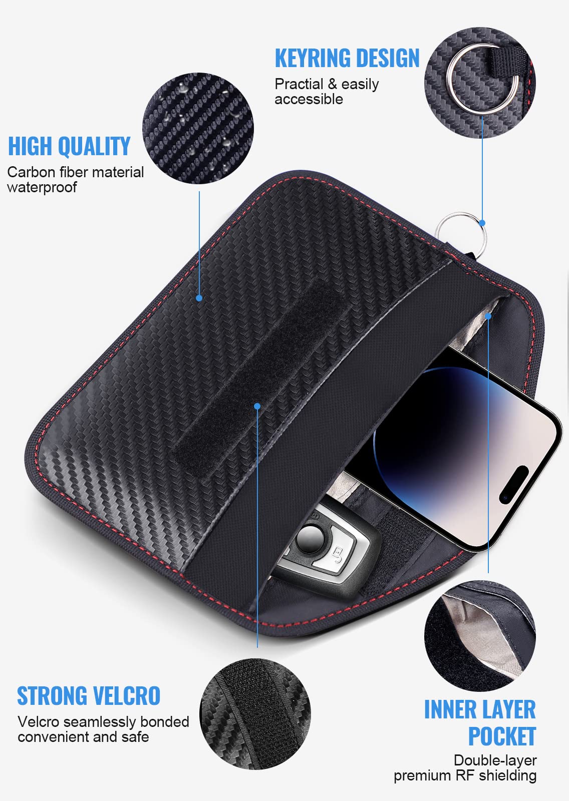 Faraday Pouch for Car Keys, Faraday Bag, Car RFID Signal Blocking Holder, Key Fob Protector, Key fob cage Block Signal Anti-Theft Fob Case Red,M