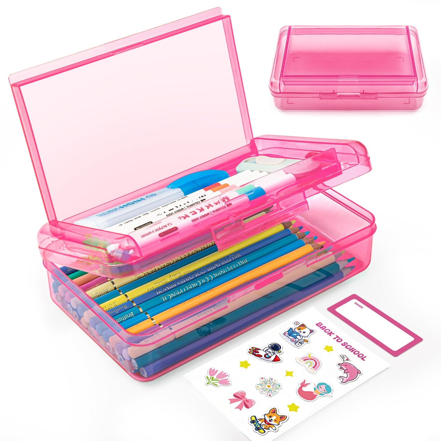 Double Layer Plastic Clear Hard Colored Pencil Box Case Pen Crayon Box