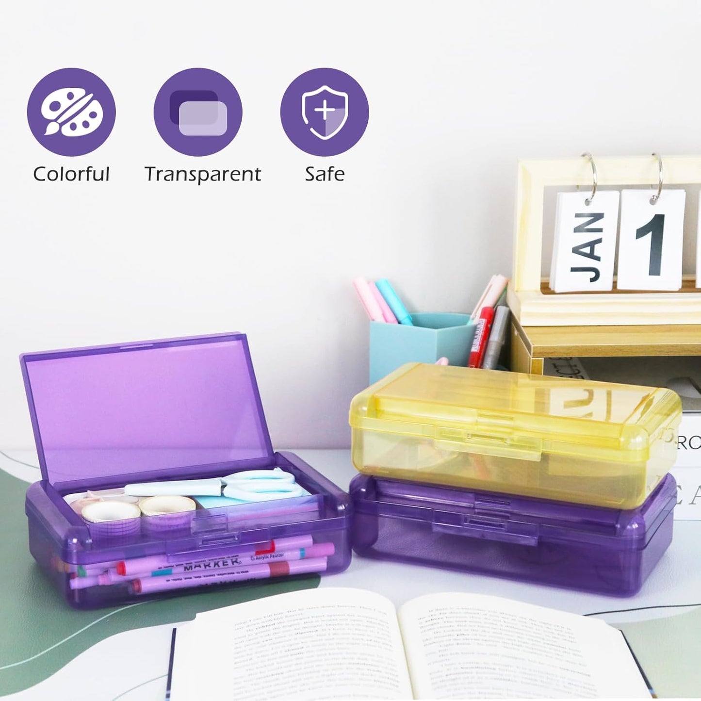 Double Layer Plastic Clear Hard Colored Pencil Box Case Pen Crayon Box