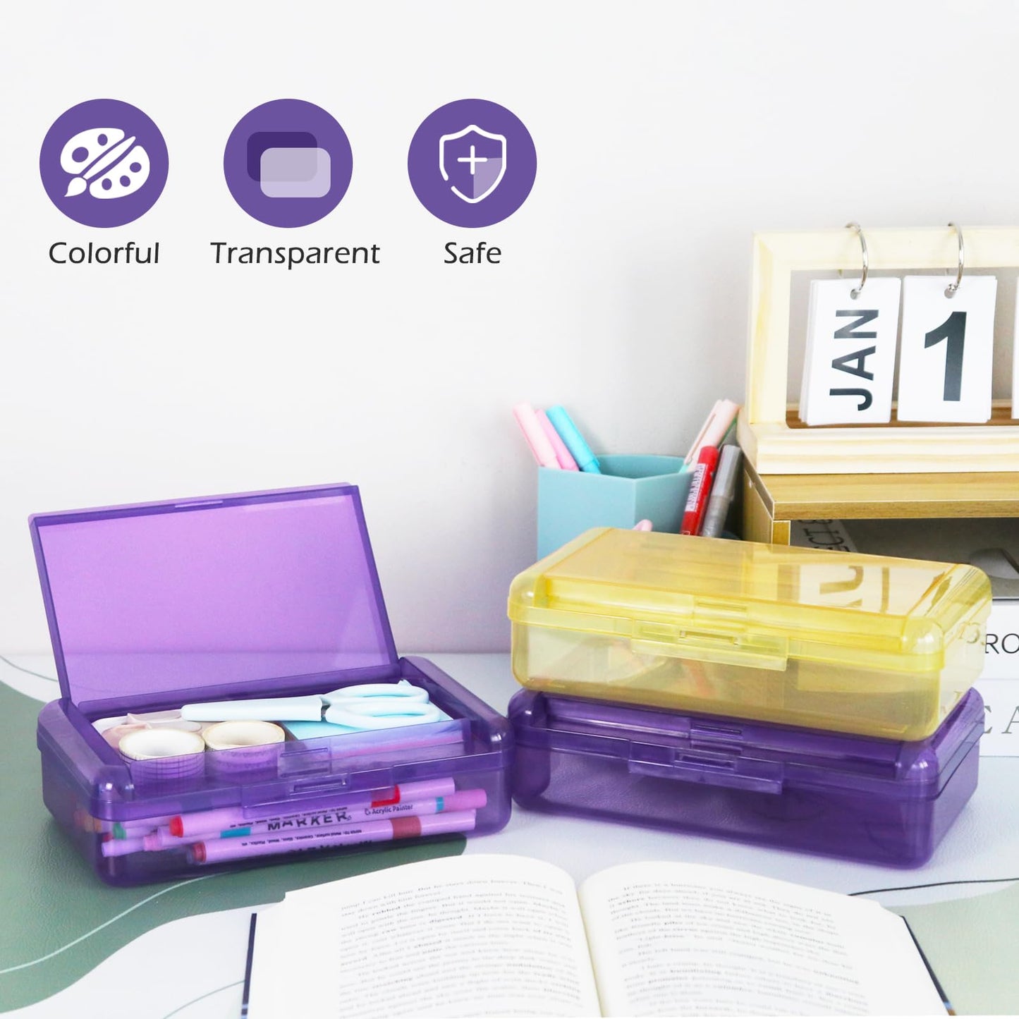 Double Layer Plastic Clear Hard Colored Pencil Box Case Pen Crayon Box