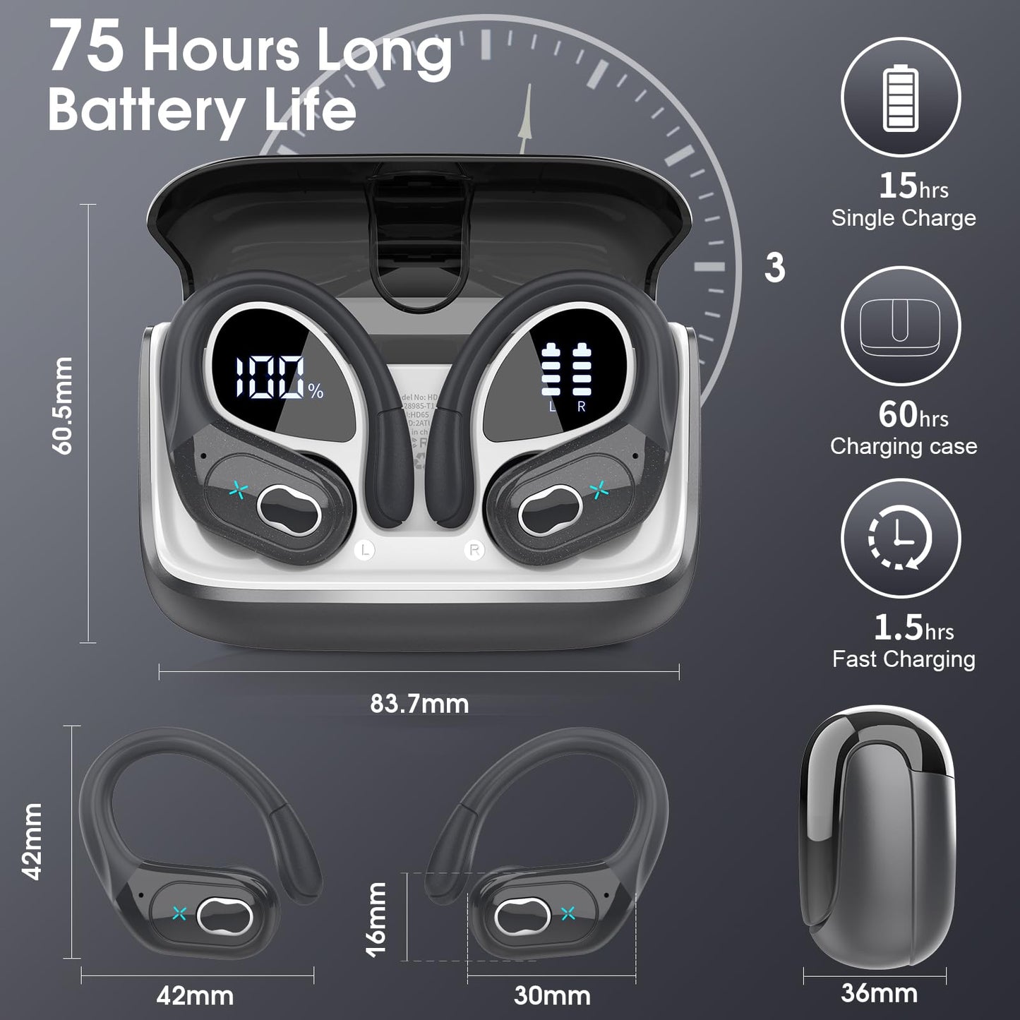 Wireless Earbuds 75H Bluetooth 5.4 Sport Headphones with Earhooks, Black