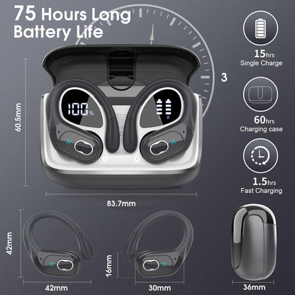 Wireless Earbuds 75H Bluetooth 5.4 Sport Headphones with Earhooks, Black