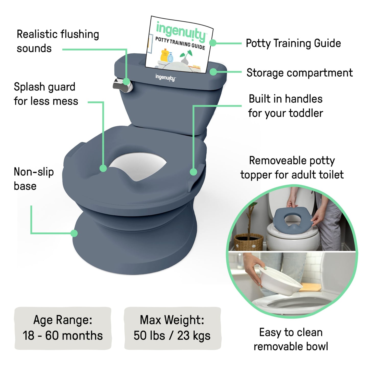 Ingenuity My Size Potty Pro 2-in-1 Potty Training Toilet, Floor Potty with Removable Potty Seat for Standard Toilets, Realistic Flushing Sound, for Toddlers Ages 18+ Months, Up to 50 lb