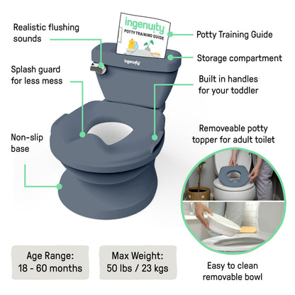 Ingenuity My Size Potty Pro 2-in-1 Potty Training Toilet, Floor Potty with Removable Potty Seat for Standard Toilets, Realistic Flushing Sound, for Toddlers Ages 18+ Months, Up to 50 lb