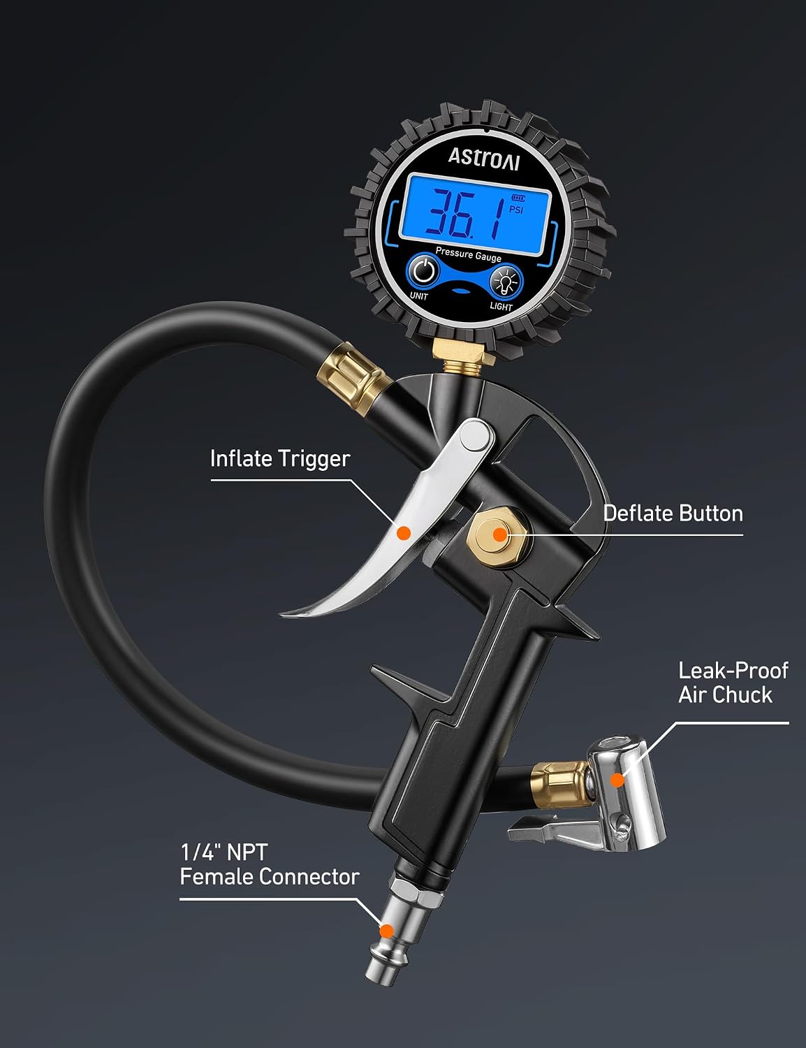 AstroAI Digital Tire Pressure Gauge with Inflator 3-250 PSI Fits 1/4" NPT
