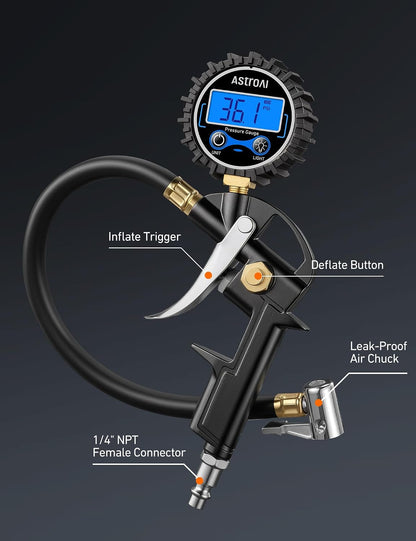 AstroAI Digital Tire Pressure Gauge with Inflator 3-250 PSI Fits 1/4" NPT