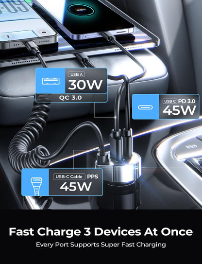 LISEN 90W for iPhone 17 16 15 Pro Max Car Charger USB C Fast Charge