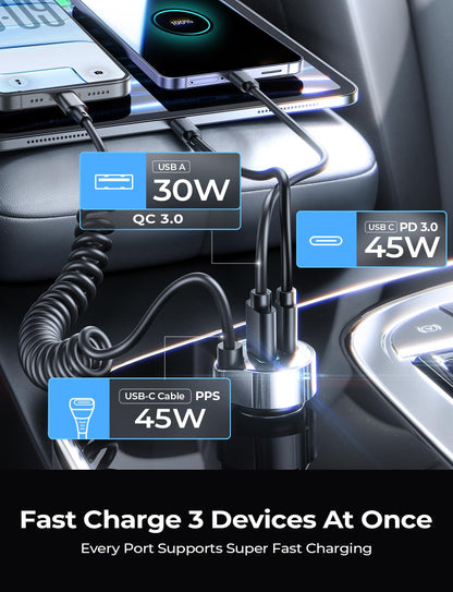 LISEN 90W for iPhone 17 16 15 Pro Max Car Charger USB C Fast Charge