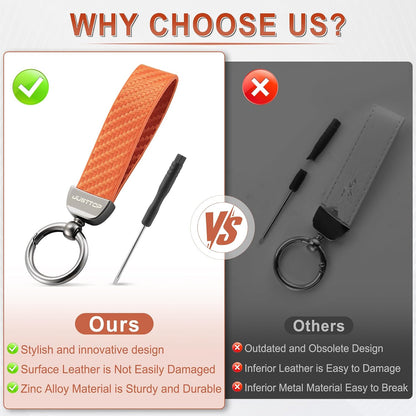 JUSTTOP Leather Keychain, Carbon Fiber Car Key Chain with Anti-Lost D-Ring and 2 Key Ring, Keychain Wristlet, Car Accessories, Universal Keychain for Men and Women (Black)