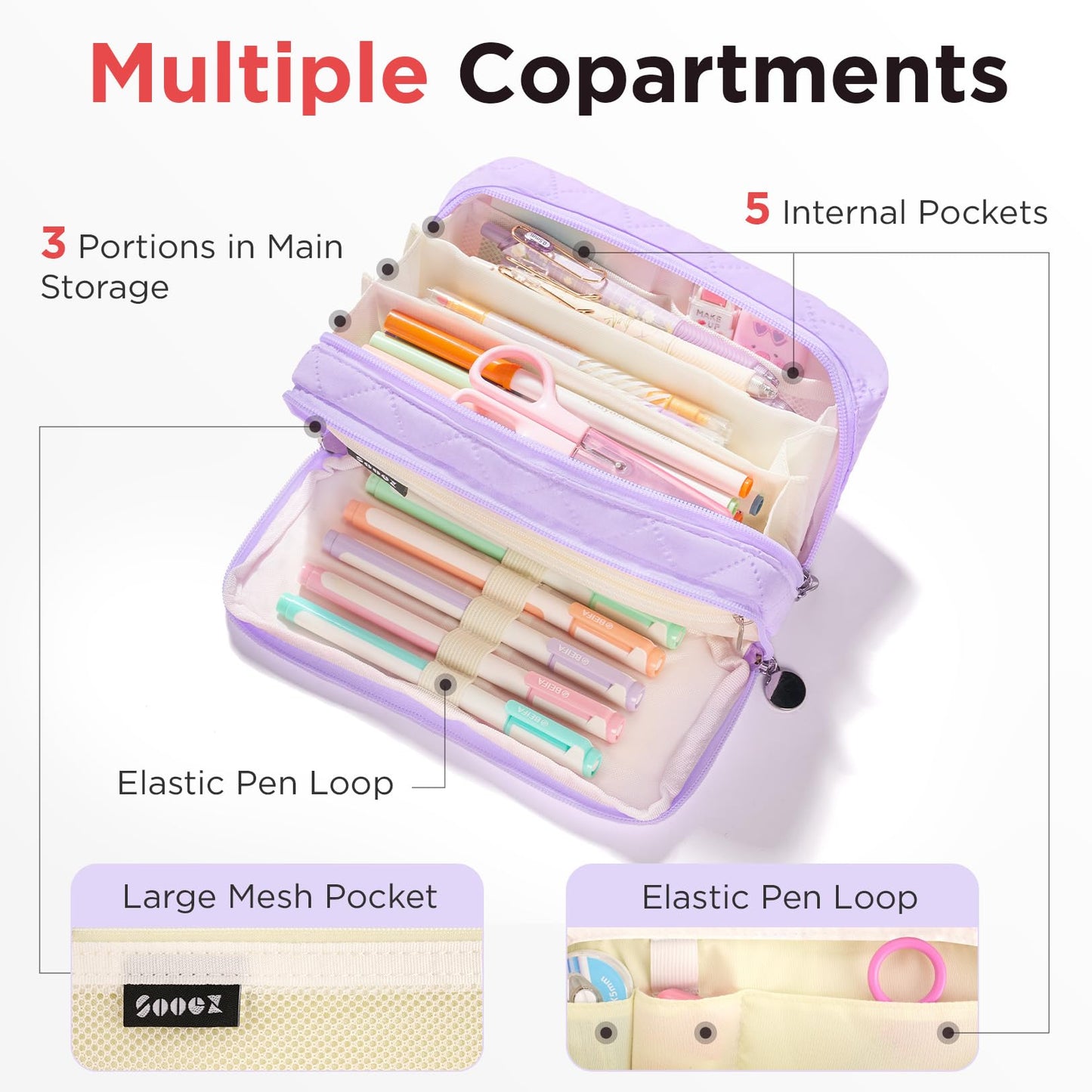 Sooez Large Pencil Case Pouch, Extra Big Pencil Bag with 8 Compartments, Pen Bag Wide Opening, Soft Quilted Pencil Pouch Organizer with Zipper, Portable Pencil Case for Teen Girls, Beige