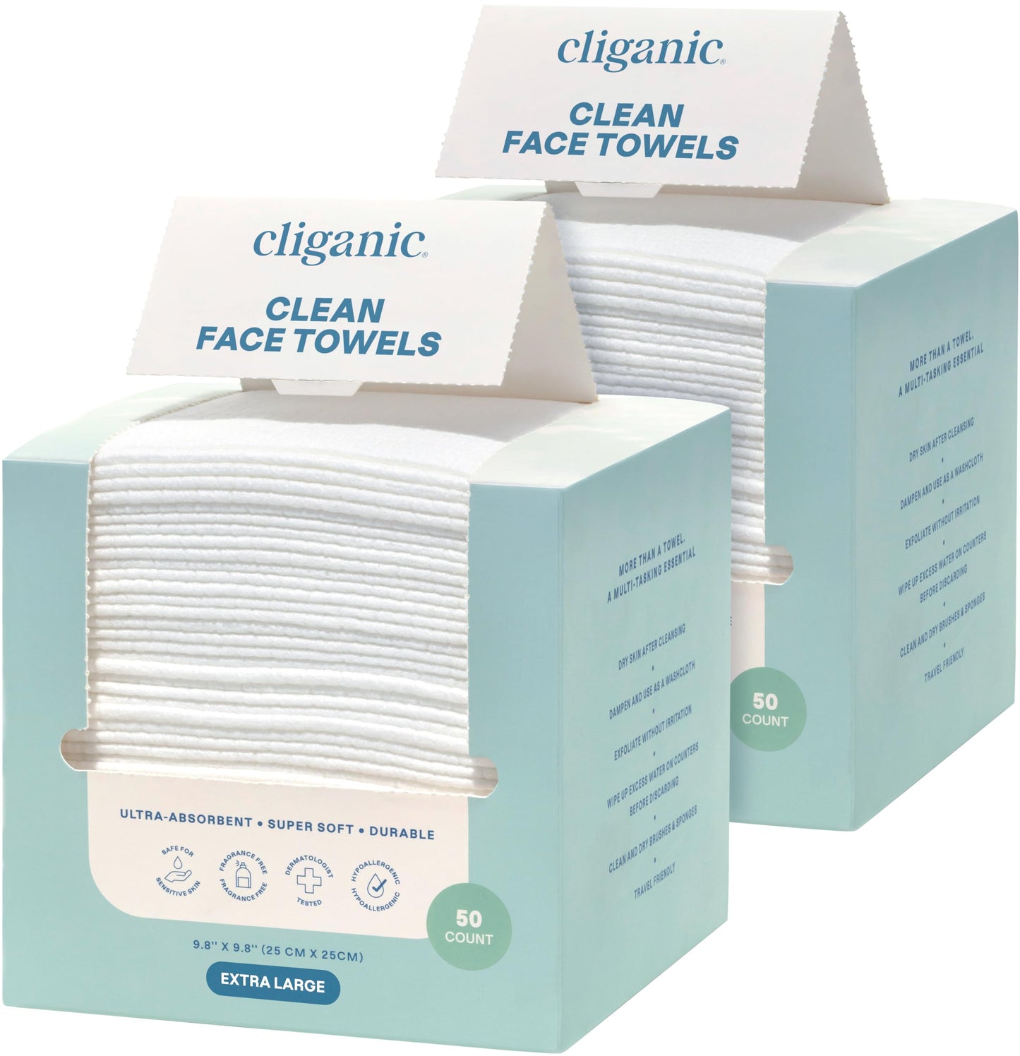 Cliganic Face Towels XL, Disposable Makeup Remover, Soft Dry Wipes, 50 ct