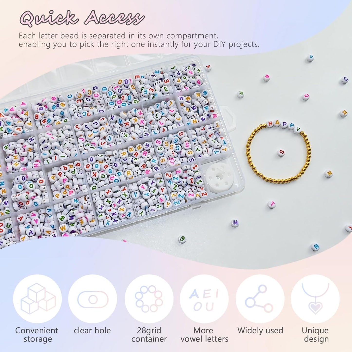 Looconi 810pcs Gold Letter Beads Square 6x6mm White Cube Acrylic Alphabet A-Z with Heart Pattern and Crystal Line for Jewelry Making
