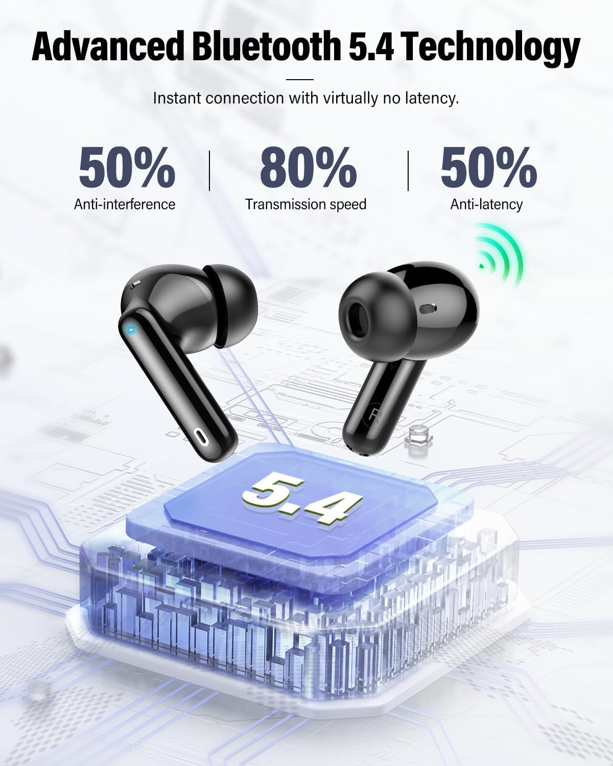 Wireless Earbuds, Bluetooth 5.4 Headphones Bass Stereo/Clear Calls, Black