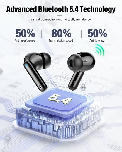 Wireless Earbuds, Bluetooth 5.4 Headphones Bass Stereo/Clear Calls, Black