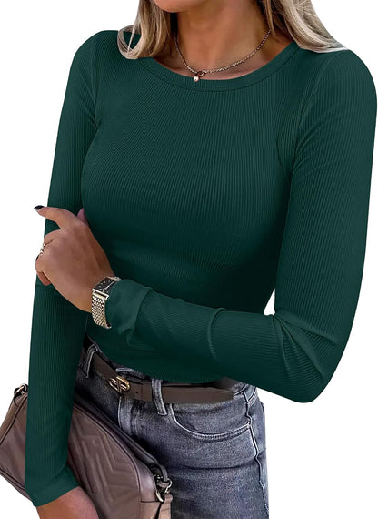 ANRABESS Women Long Sleeve Shirts Ribbed Fitted Tops