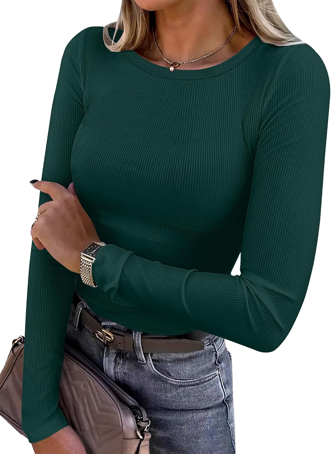 ANRABESS Women Long Sleeve Shirts Ribbed Fitted Tops